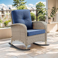 Patio Rocking Chair: Outdoor Wicker Rocker Porch Rocking Chair with Removable Cushion, 300 Lb Weight Capacity Rattan Rocking Seating for Balcony Garden Light Grey/Blue