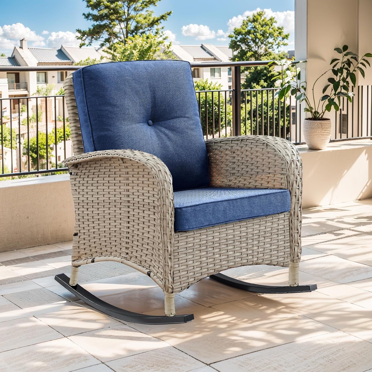 Patio Rocking Chair: Outdoor Wicker Rocker Porch Rocking Chair with Removable Cushion, 300 Lb Weight Capacity Rattan Rocking Seating for Balcony Garden Light Grey/Blue