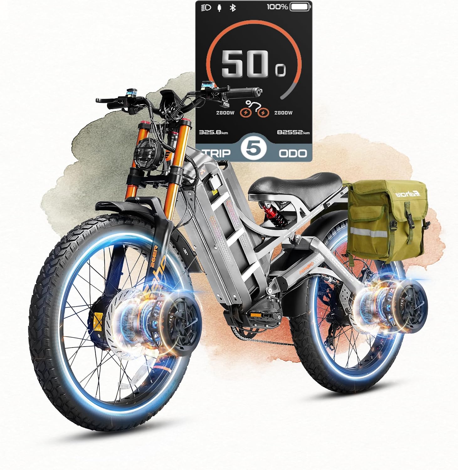 eAhora 2026 Romeo Pro 3 50MPH Electric Bike for Adults 5600W Dual Motor E Bike 60V/80Ah 250 Miles Long Range Electric Bicycle,26 * 4.0 Fat Tire Full Suspension Electric Mountain Bike Delivery Commute