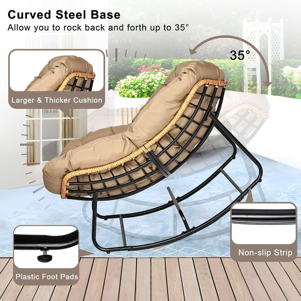 Papasan Chair, Outdoor Rocking Chair with Cushion, 450LB Heavy Duty Egg Chair, Indoor Outdoor Patio Rocking Chairs for Balcony, Porch, Living Room, Bedroom, Lawn, Garden (Coffee.)