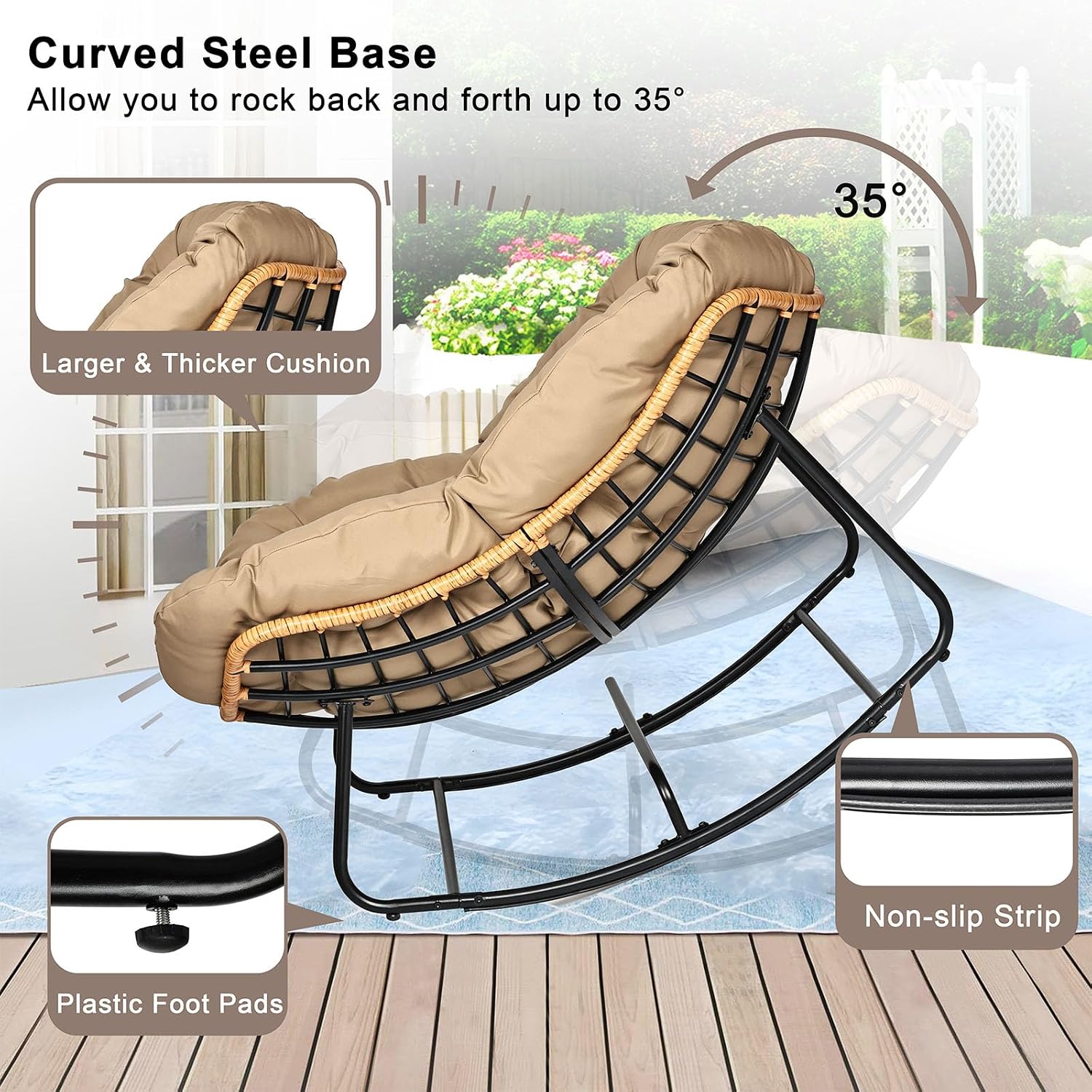 Papasan Chair, Outdoor Rocking Chair with Cushion, 450LB Heavy Duty Egg Chair, Indoor Outdoor Patio Rocking Chairs for Balcony, Porch, Living Room, Bedroom, Lawn, Garden (Coffee.)