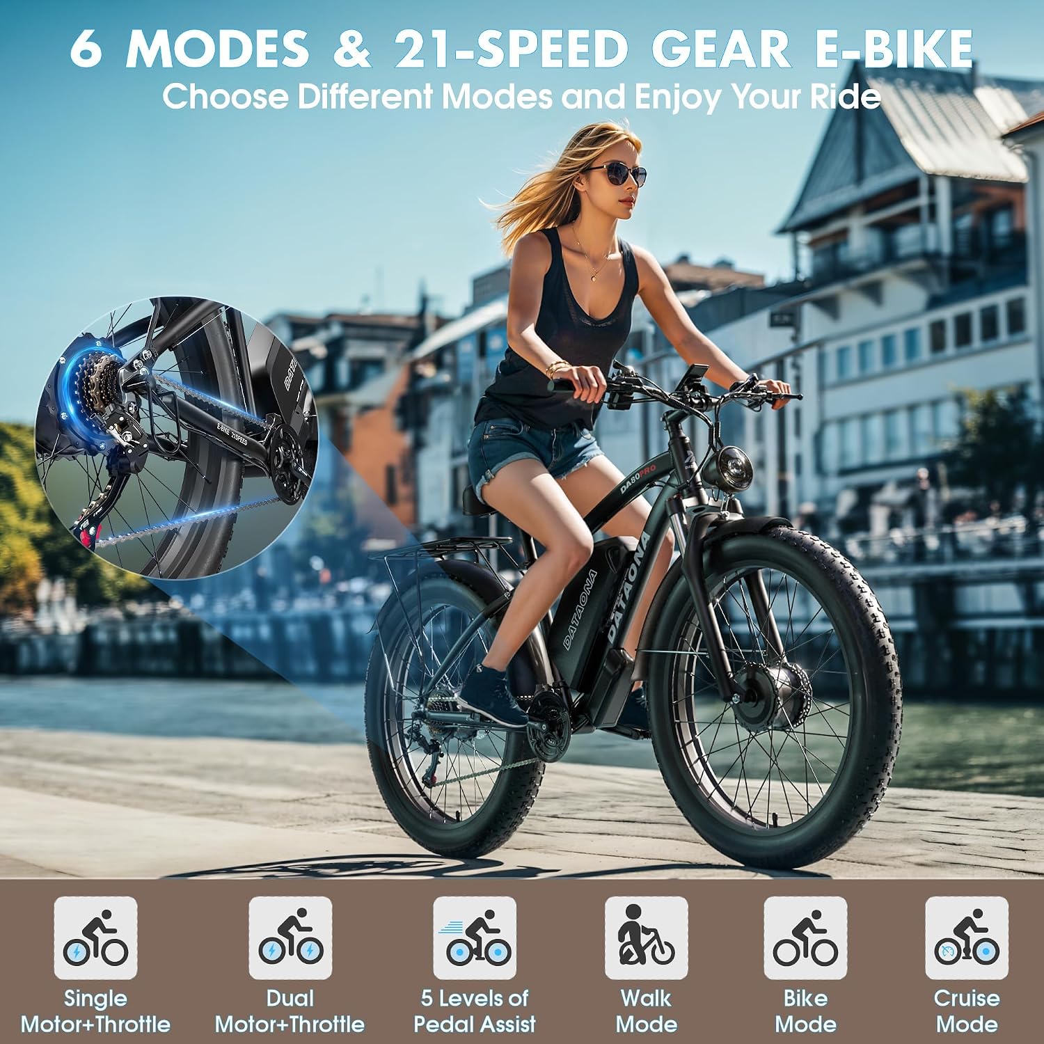 DATAONA 6500W Dual Motor Ebike for Adults Men 20MPH - Fast Electric Bike with 52V 32Ah Battery Up to 100 Miles, Lockable Suspension 24' Fat Tire Electric Bicycle for Off-Road Mountain Snow Commuter UL