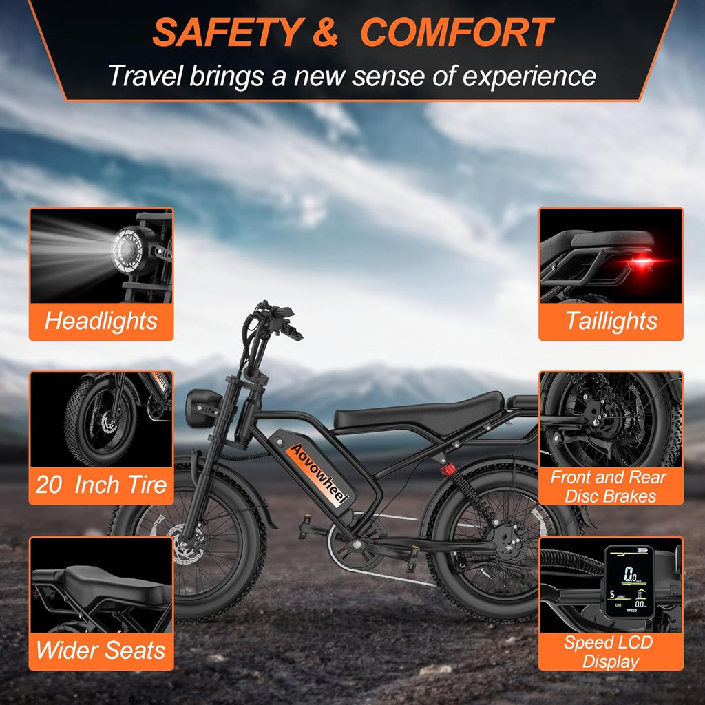 Electric Bike for Adults 20' Fat Tire Electric Dirt Bike with 48V 18Ah Battery 50-70 Miles Electric Motorcycle Ebikes, 1000 Peak Motor 31MPH Top Speed E-Bikes, APP, 2 Seater, Full Suspension