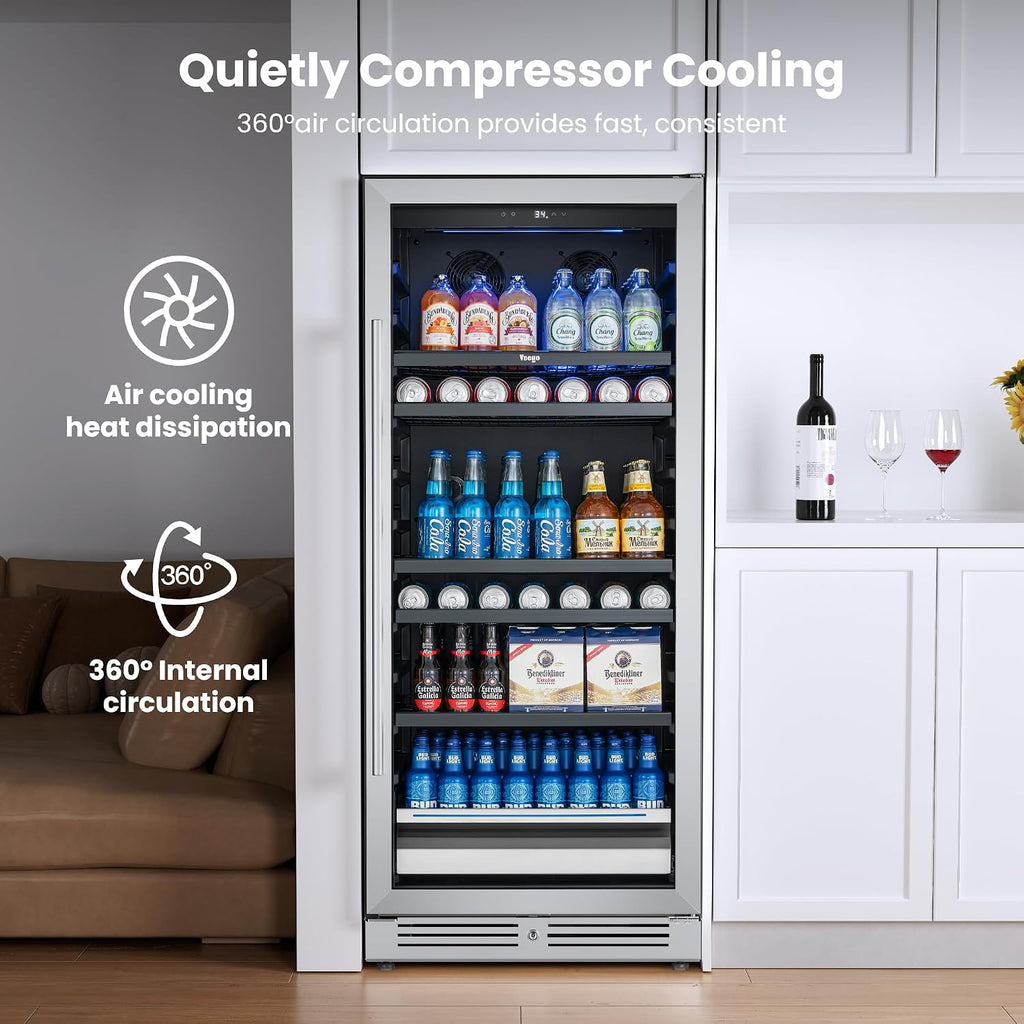 Yeego 24 Inch Beverage Refrigerator, 238 Can Built-In Beverage Cooler with Glass Door & Door Lock, Freestanding Drink Fridge with Digital Temperature Control for Soda, Beer & Wine, Kitchen or Home Bar