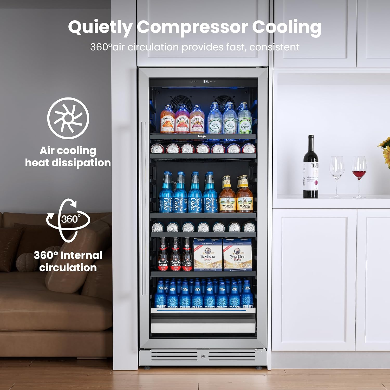 Yeego 24 Inch Beverage Refrigerator, 238 Can Built-In Beverage Cooler with Glass Door & Door Lock, Freestanding Drink Fridge with Digital Temperature Control for Soda, Beer & Wine, Kitchen or Home Bar