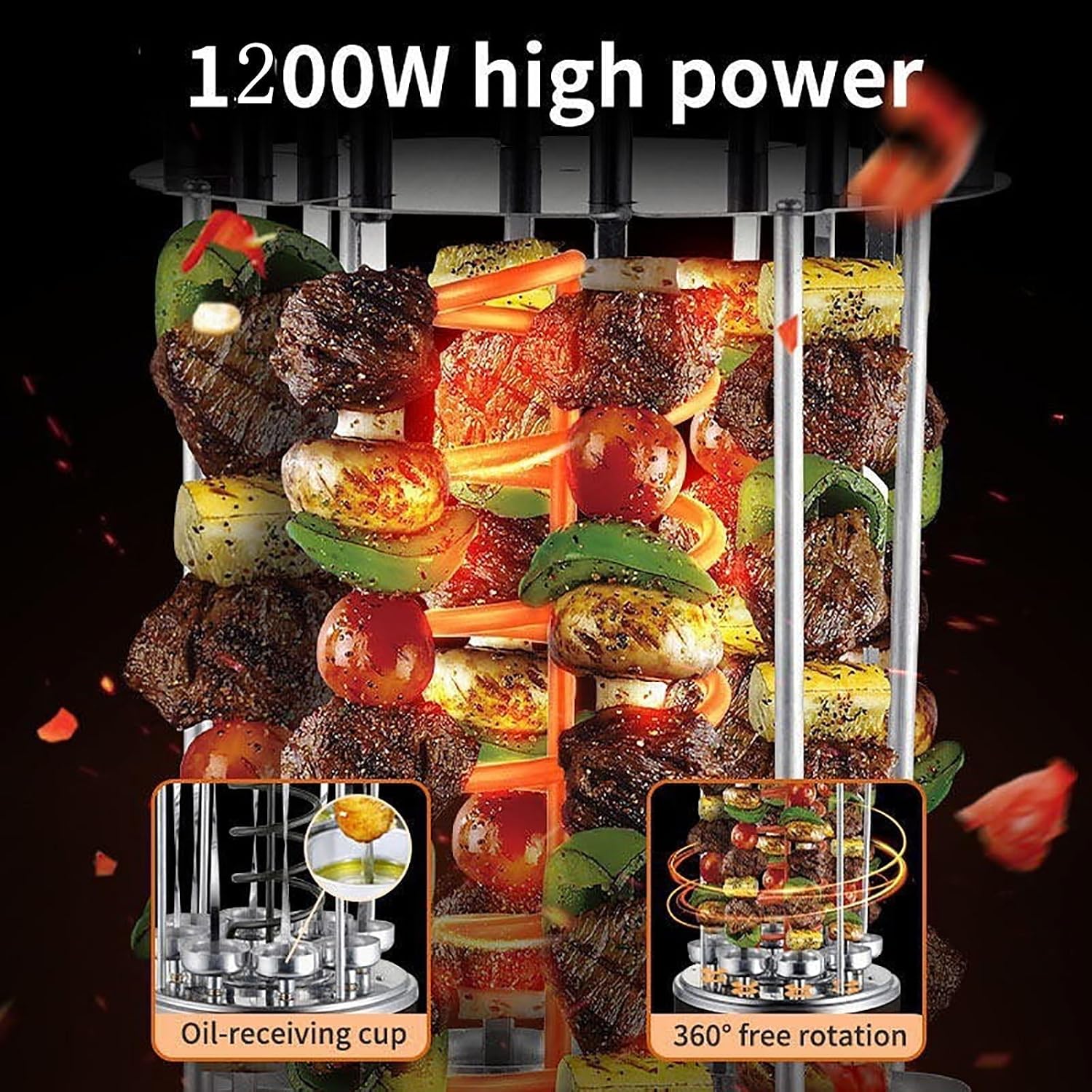 Electric Vertical Rotisserie Grill, Smokeless BBQ Rotating Rotisserie with Timer, Automatic Grill for Kebabs, 8 Forks Included, Perfect for Outdoor Cooking and Family Gatherings