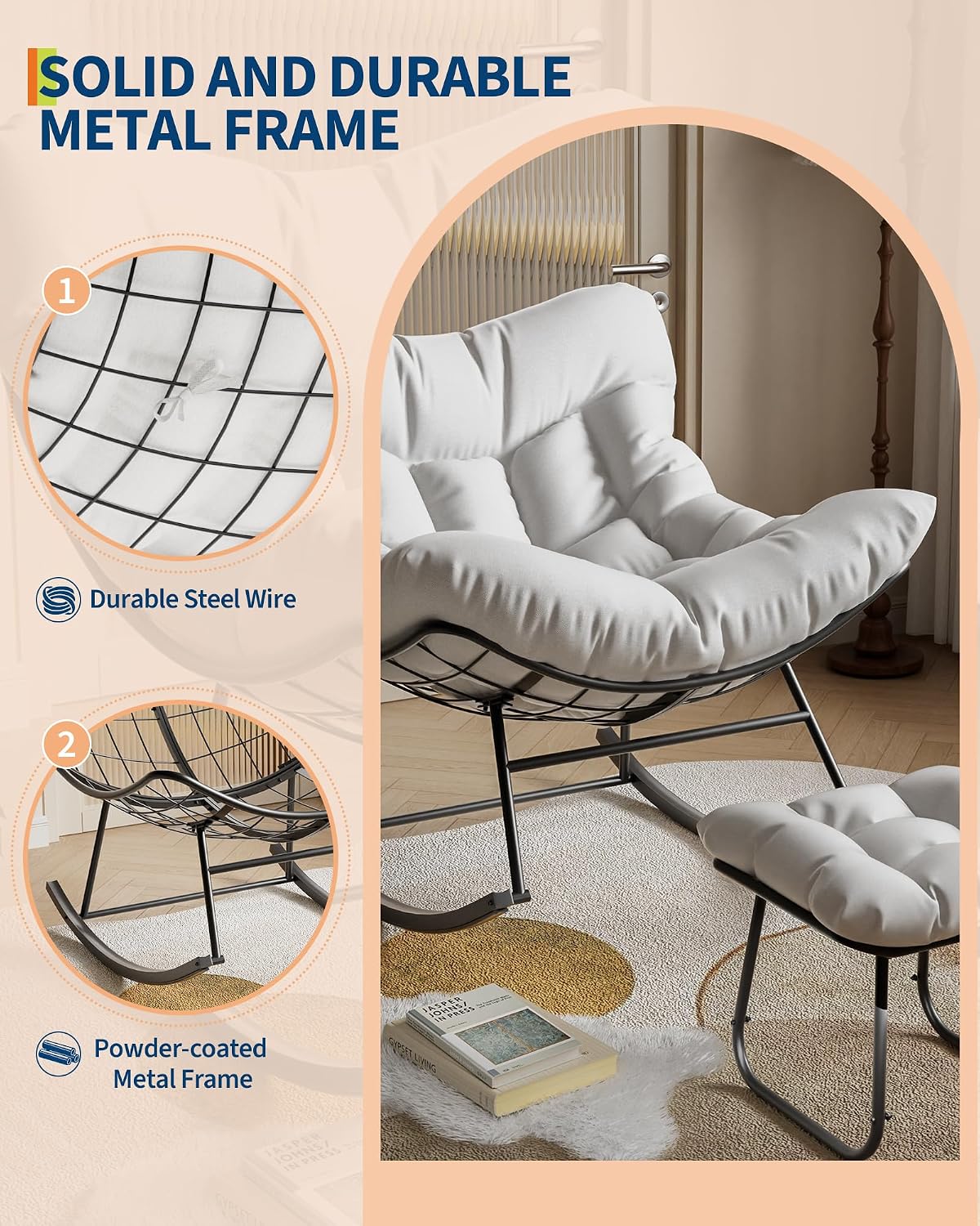 GarveeLife Outdoor Oversized Papasan Rocking Chair with Footrest, Patio Lounge Chair with Ottoman and Sturdy Metal Frame, Patio Rattan Egg Rocker for Balcony Backyard Porch Bedroom, White