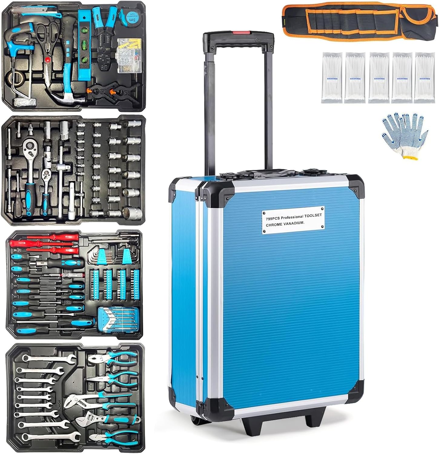 Arcwares 799pcs Aluminum Trolley Case Tool Set Silver, House Repair Kit Set, Household Hand Tool Set, with Tool Belt