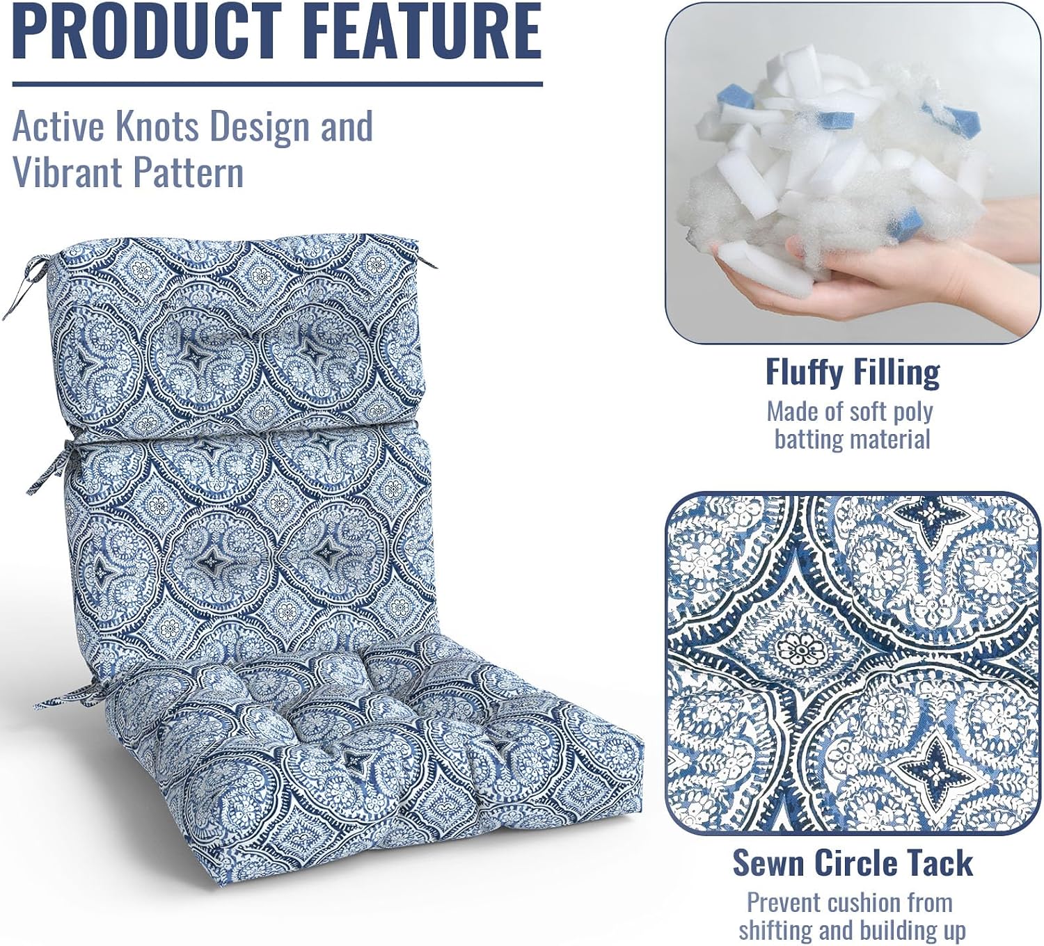 Outdoor High Back Patio Chair Cushions, Tufted Rocking Chair Cushions, Adirondack Cushions for Garden Porch Home Office Chairs Use, 44' x 22' x 4', 2 Pack,Medallion Blue