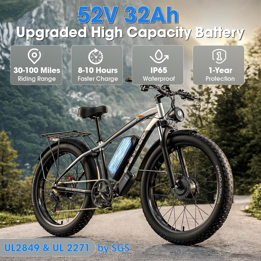 6000W Peak Dual Motor Electric Bike for Adults, 24' Fat Tire Ebikes 52V 32AH, Fast 45 MPH, 100 Miles Long Range, Hydraulic Brake, Pedal Assist Electric Bicycle for Off-Road Mountain Snow Commuter
