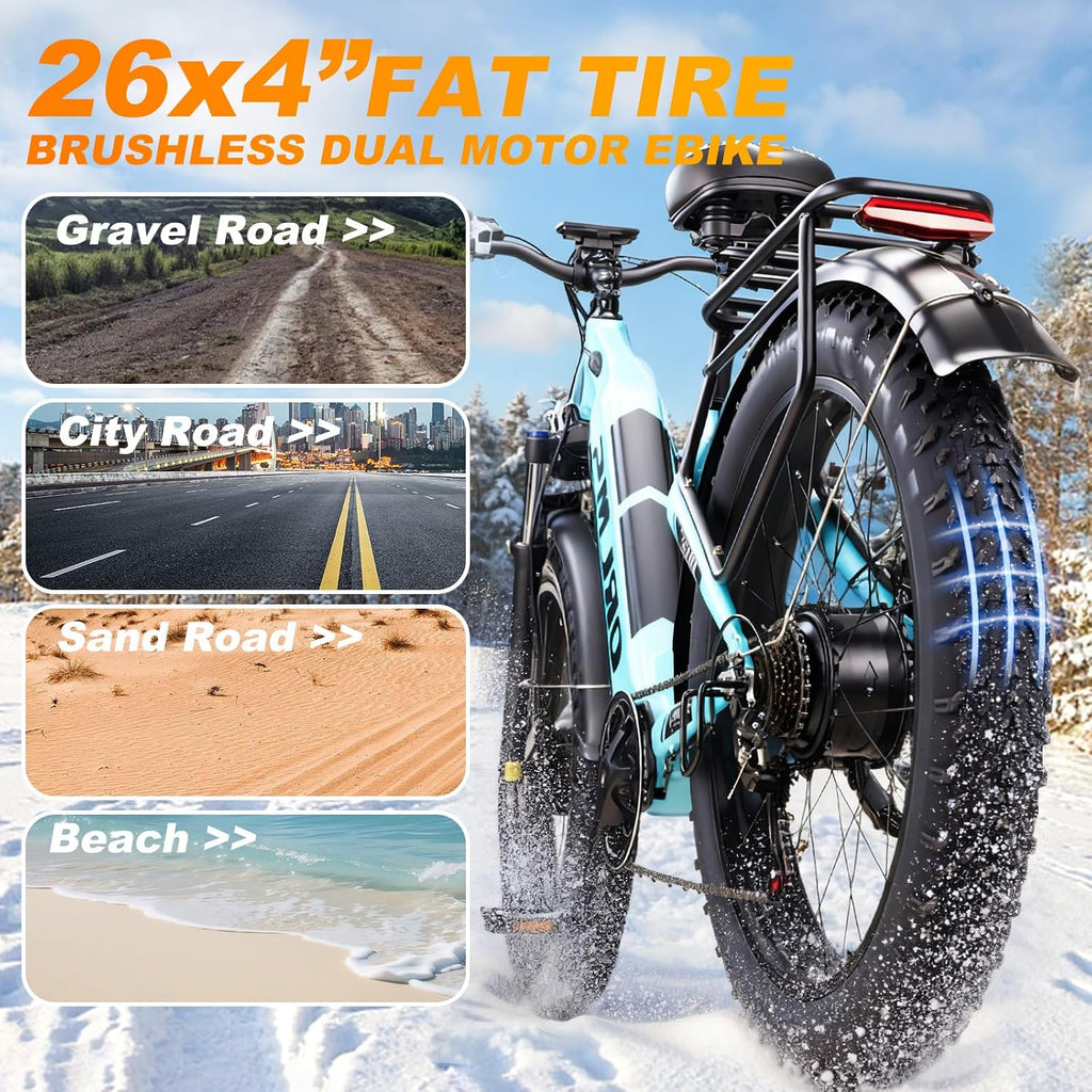 MENORX Dual Motor Electric Bike,26'x4'Fat Tire Electric Bike,Up to 5000W/7000W Peak, 60V/25Ah & 52V/23Ah Lithium Battery,Up to 45/50MPH &105 Miles Range E Bike
