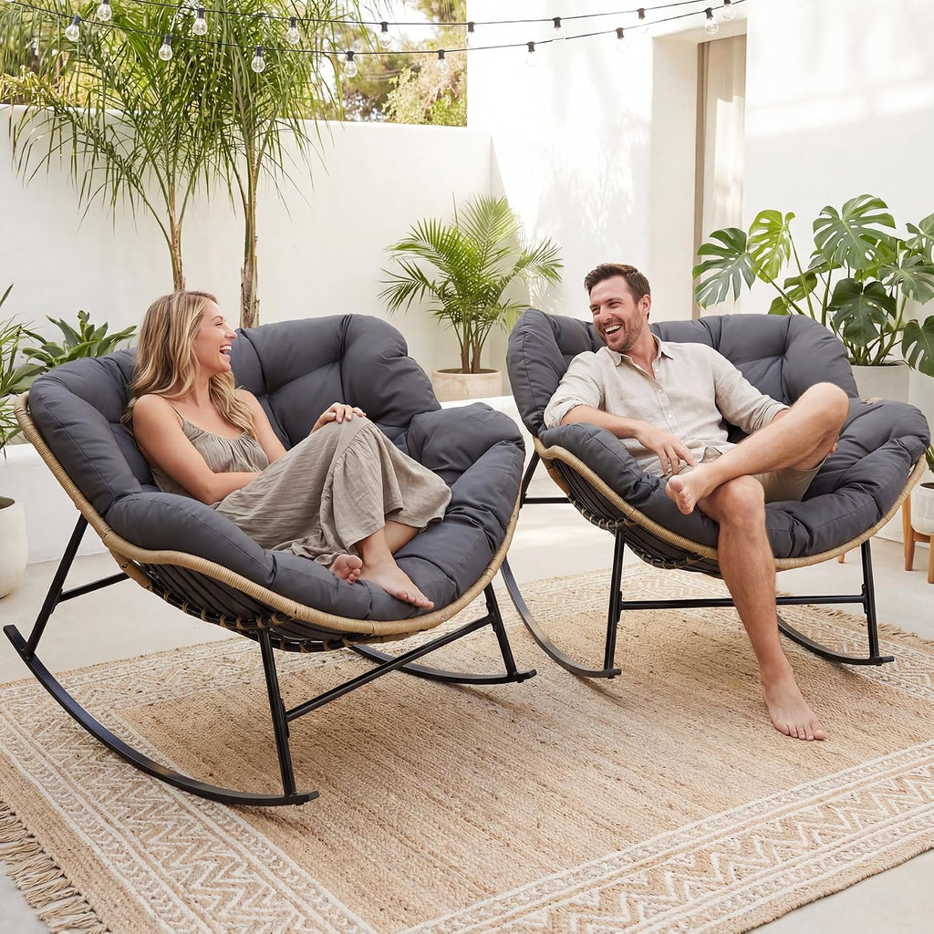 BULEXYARD Oversized Patio Egg Chairs for 2 Person, Double Papasan Rocking Chair with Cushion, 450 Lbs Heavy Duty, PE Wicker Comfy Recliner, Indoor Outdoor Papasan Rocker for Deck, Livingroom, Gray