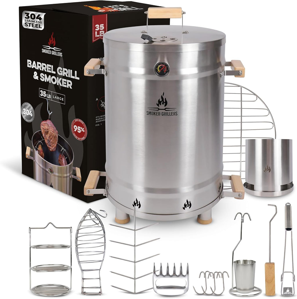Barrel Smoker Grill Combo | 100% 304 Stainless Steel Barrel | 95% Less Smoke, Even Heat | Easy to Use & Clean – Vertical Smoker Ideal for Balconies and Backyards (LARGE-35 LBS)