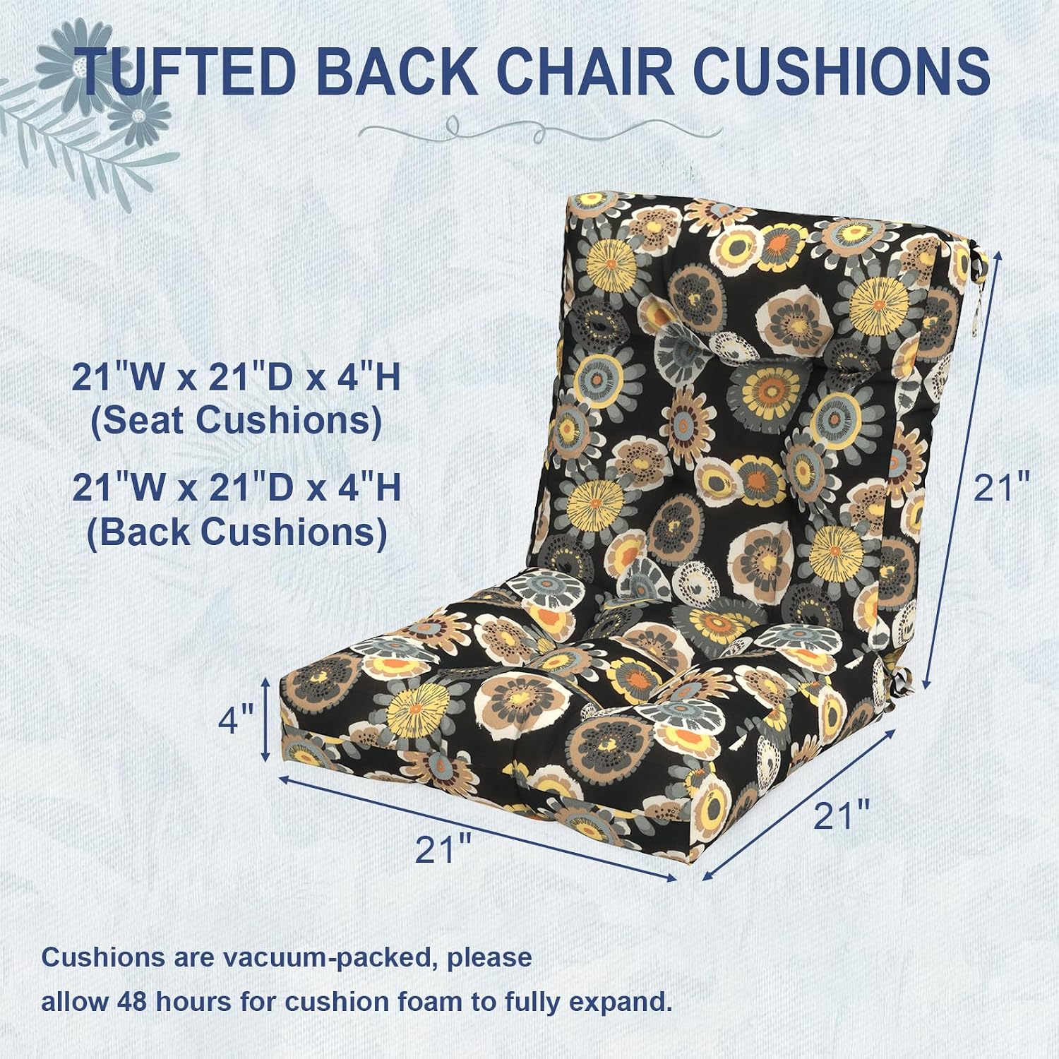 Outdoor Seat Chair Cushions, Tufted Back Patio Furniture Cushions Set of 2, Water Repellent Wicker Replacement for Home Garden Chairs, 42x21x4 Inch, Black Yellow Crosby