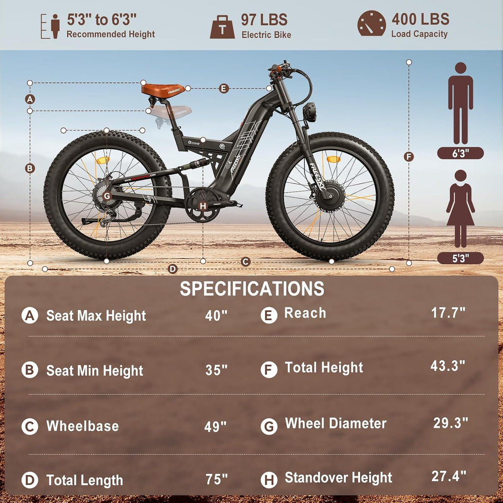 FREESKY 4000W Dual Motor Electric Bike for Adults, 48V 30AH Samsung Cells Battery 120Miles Range, 40MPH AWD Fast E-Bike, 26' Fat Tire Full Suspension Electric Mountain Bike, UL2849 Certified by TÜV