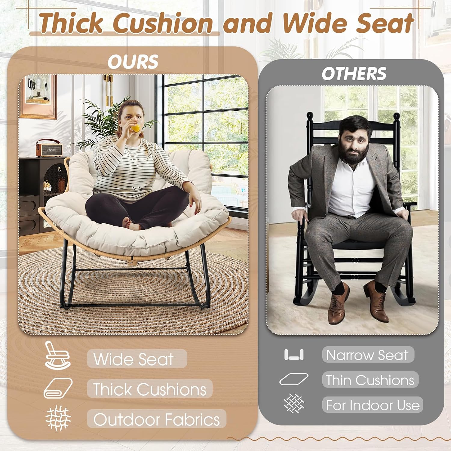 Large Outdoor Indoor Patio Rocking Egg Chair Set of 2, Oversized Papasan Chair Rocker with Cushion and Frame, Comfy Rattan Wicker Lounge Chair Outdoor Furniture for Porch Patio Garden Backyard, Beige