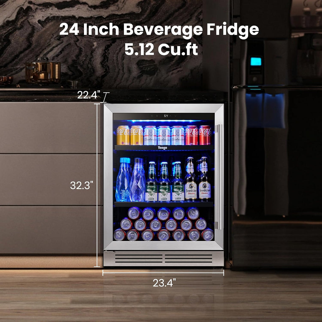 Yeego Beverage Refrigerator Cooler - 24 inch 180 Cans Mini Fridge with Glass Door, 34-54 ℉ Under Counter Refrigerator Built-in for Wine Beer Soda for Bar Bedroom Office(Left-Hinged)