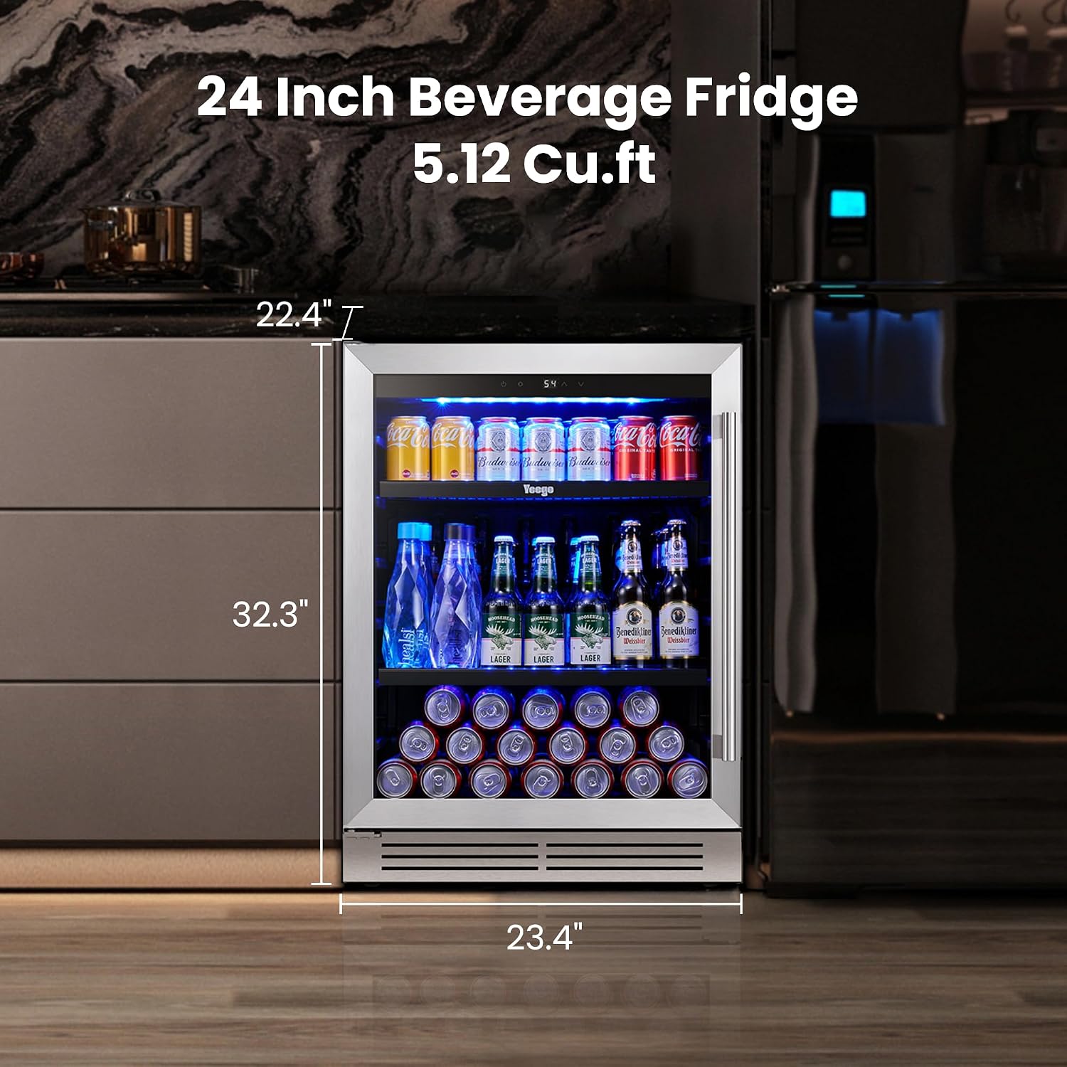 Yeego Beverage Refrigerator Cooler - 24 inch 180 Cans Mini Fridge with Glass Door, 34-54 ℉ Under Counter Refrigerator Built-in for Wine Beer Soda for Bar Bedroom Office(Left-Hinged)