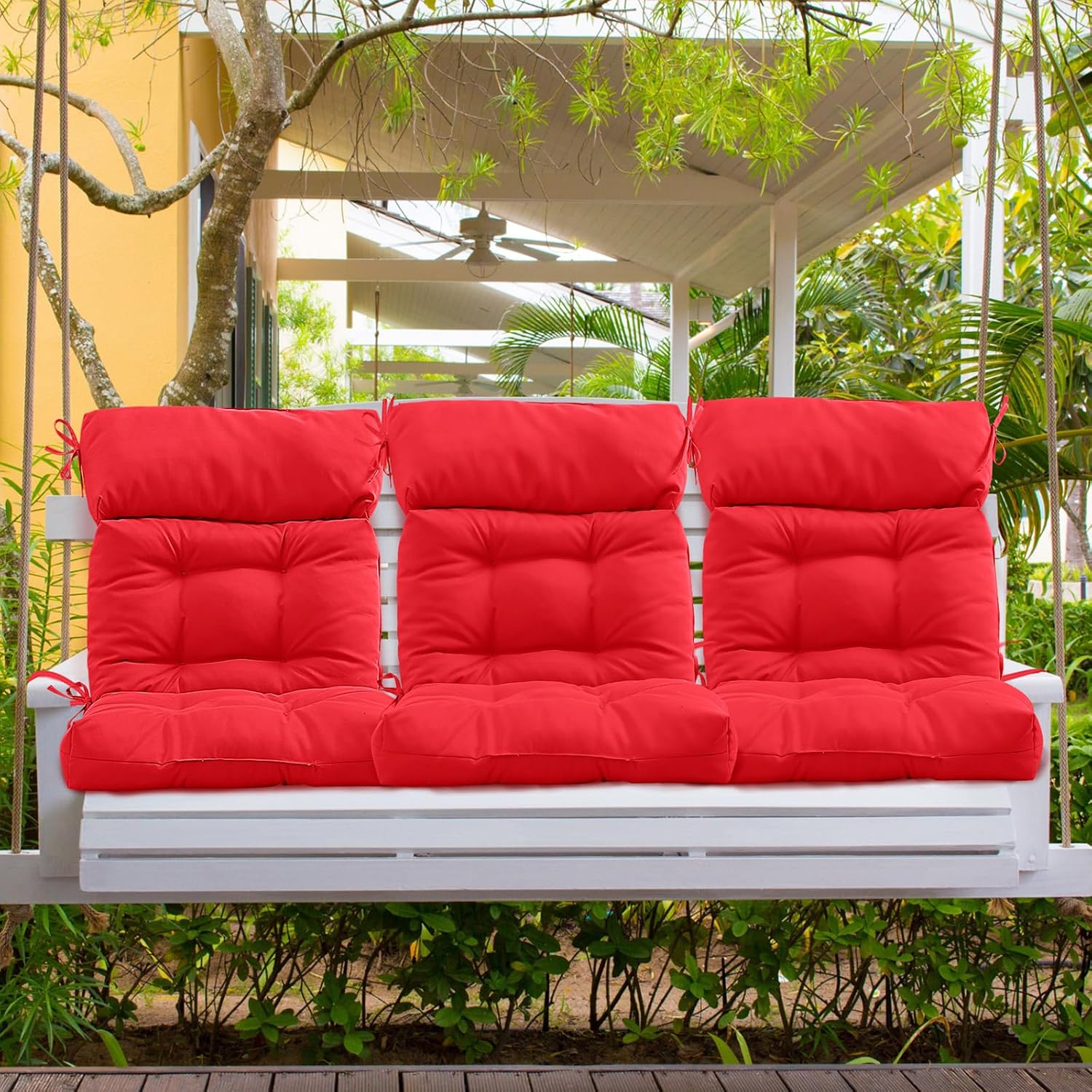 Barydat 4 Pack High Back Chair Cushion Indoor Outdoor Tufted Seat and Back Chair Rocking Pads Lounge Porch Seat Cushion with Ties for Patio Furniture, 43.4 x 21 x 3.3 Inch (Red)