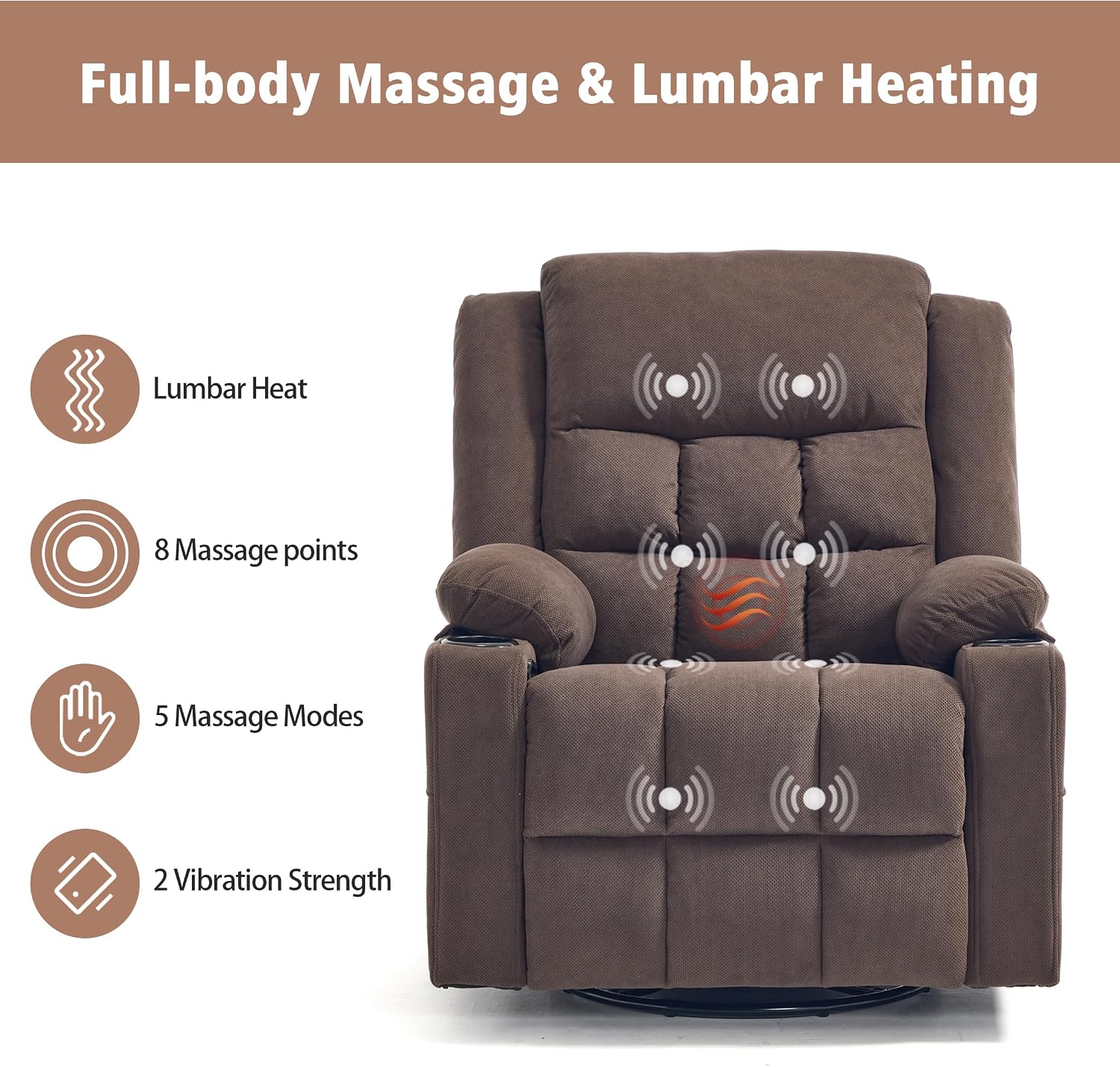 Ketaiyou Swivel Rocker Recliner Chair for Adults with Massage and Heat, Cup Holders and Side Pockets, Glider Rocking Reclining Single Sofa Chair for Living Room (Cocoa)