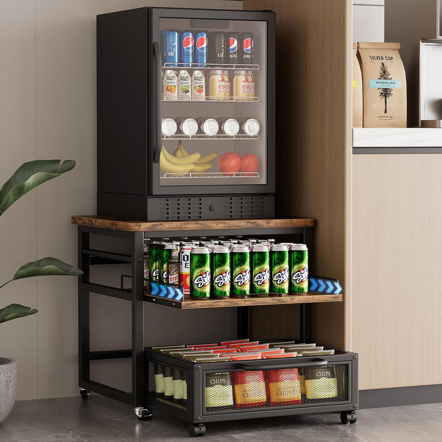 DDJ Mini Fridge Stand with Storage, 21 x 21 in Heavy Duty Mini Fridge Table with Pull-out Shelf and Lockable Wheels, Compact Refrigerator Stand with Drawer Basket for Home Office, Rustic Brown