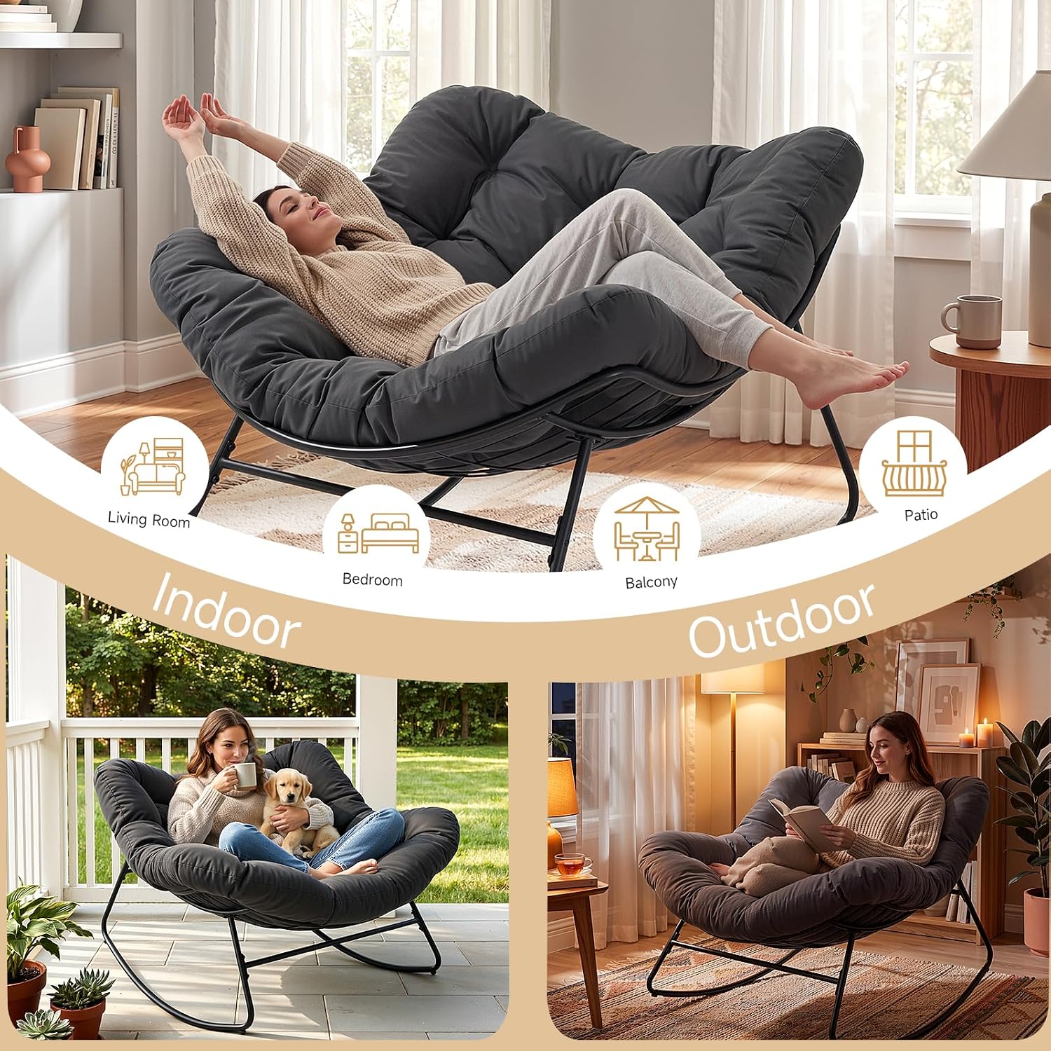 Outdoor Papasan Rocking Chair, 450 lbs Oversized Comfy Patio Chair with Thickened Cushion, Indoor Egg Rocking Lounge Chairs, Rocker Chairs for Patio Porch Garden Living Room Bedroom, Dark Gray