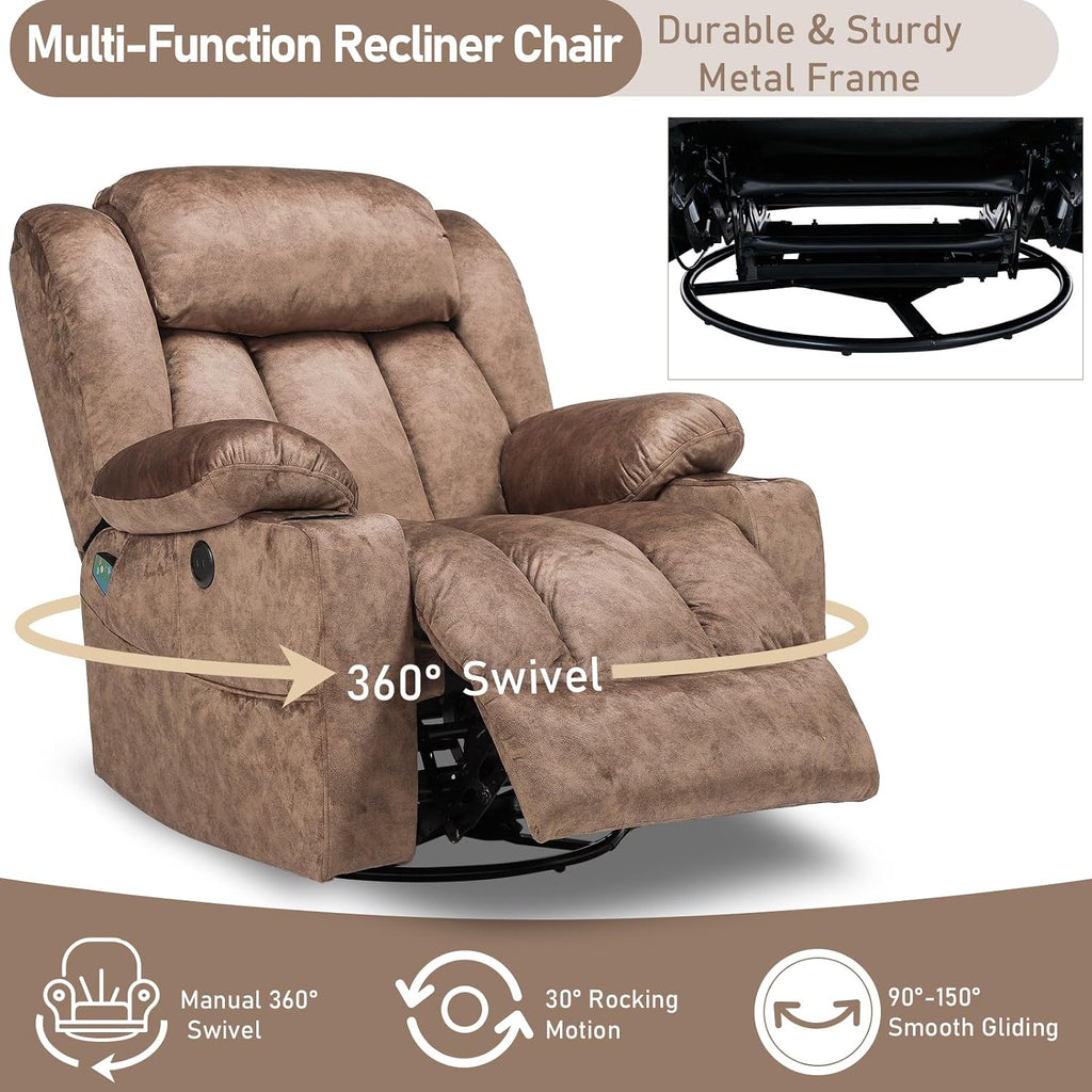 Swivel Rocker Recliner Chair with Heat and Massage, Manual Glider Rocking Reclining Chair, 360° Swivel Overstuffed Lounge Chair with 2 Cup Holders, Side Pockets & USB Ports, Fabric Brown