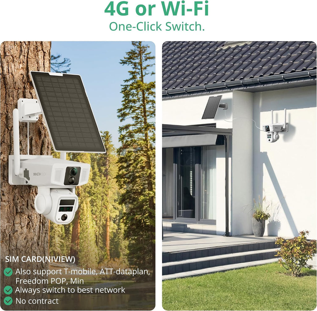 Dragon Touch 4G Cellular Security Camera 4K, Wireless Solar Outdoor Camera Triple Lens Bullet-PTZ Cam, 4G or WiFi, 10x Optical Zoom, 360° View, AI Tracking, with SIM Card, Local Storage
