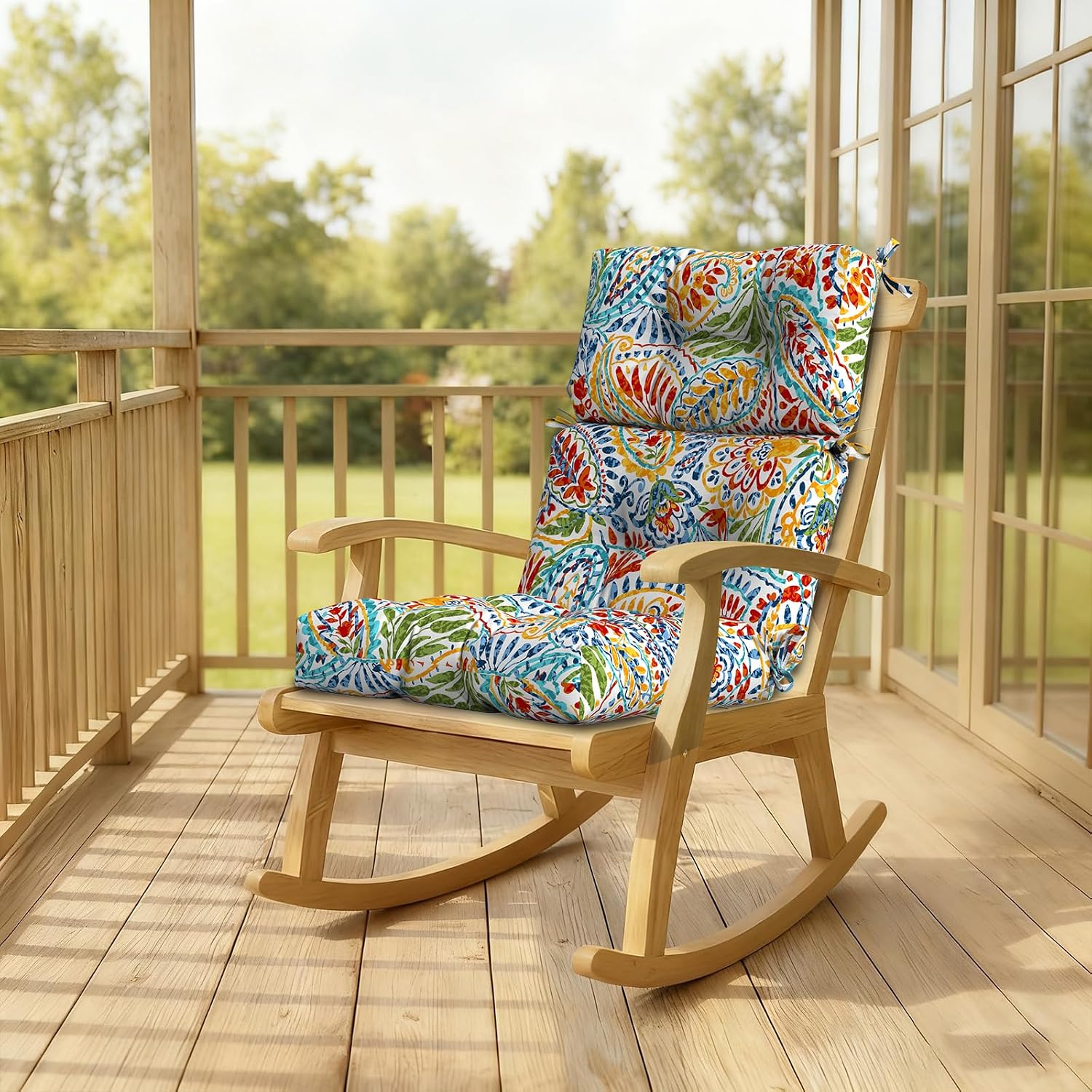DYTXIII Outdoor High Back Chair Cushions Set of 2, Water Repellent Tufted Rocking Seat Cushions Replacement 44 x 22 Inch, Seat & Back Chair Pads for Patio, Balcony and Indoor Use -Paisley Multi