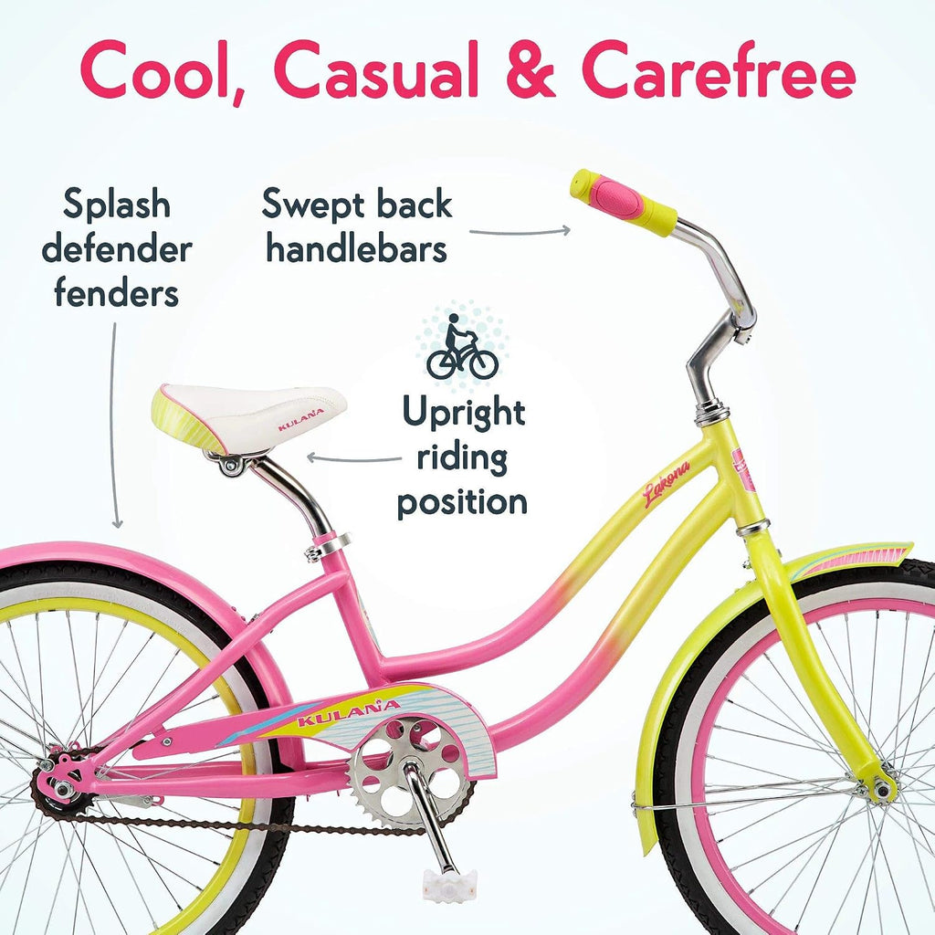 Kulana Lakona Shore, Tide or Wave Cruiser Bike, 20, 24 or 26 Inch Bike for Adults and Youth, 7 or Single Speed Beach Cruiser Bicycle, Rear Coaster Brake, Extra Wide, Cushioned Seat, Fenders