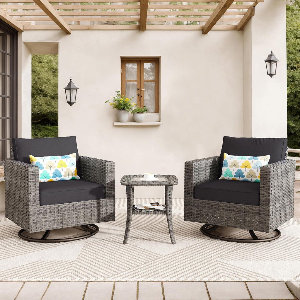 ovios 3 Pieces Patio Swivel Chairs with Side Table, Outdoor Wicker Rocking Chairs of 2 with Comfy Cushions, Rattan Glider Rocker Bistro Set for Porch Deck, Black