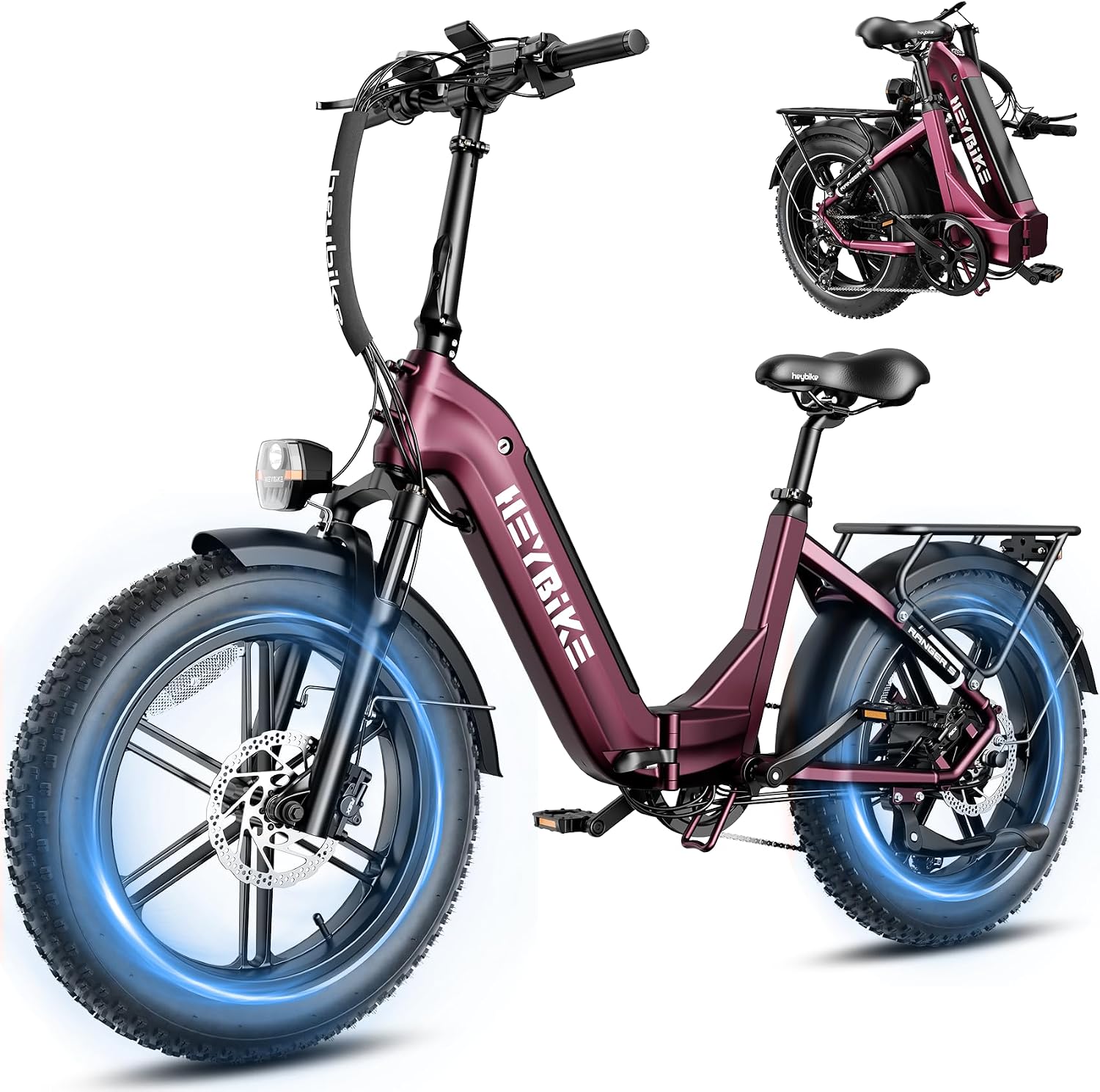 Heybike Ranger Foldable Electric Bike for Adults, 1200W/1800W Peak Motor, 28/32MPH E Bike, 55/90 Miles Range, 20'x4.0' Fat Tire Ebike with Removable Battery, Hydraulic Brakes for Snow, Beach,Commuting