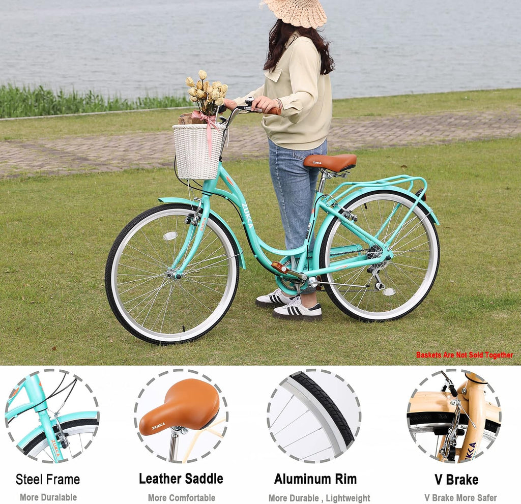MEGHNA Beach Cruiser Bike Low Step - Through 24 inch/26 inch Bike Elegant Lady Bike V - Brake 7 Speed Cruiser Bike with Rear Rack Bell for Girls Women Senior, Multi-Colors