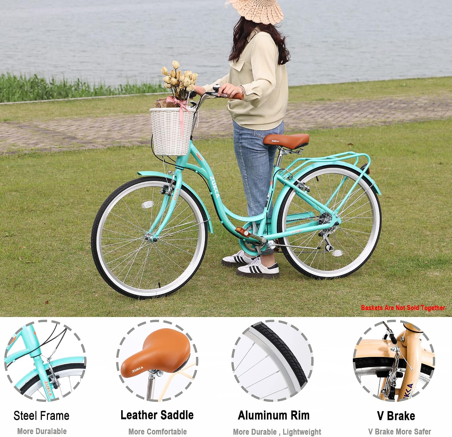 MEGHNA Beach Cruiser Bike Low Step - Through 24 inch/26 inch Bike Elegant Lady Bike V - Brake 7 Speed Cruiser Bike with Rear Rack Bell for Girls Women Senior, Multi-Colors