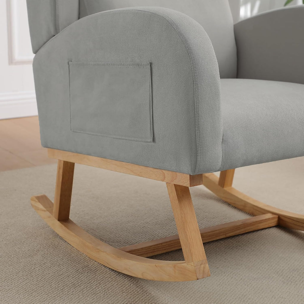 Nursery Rocking Chairs, Upholstered Rocking Chairs Glider Rocker for Living Room,Bedroom, Comfy Linen Glider Rocker Nursing Chair Wingback with Side Pocket for Nursing Adult Light Grey