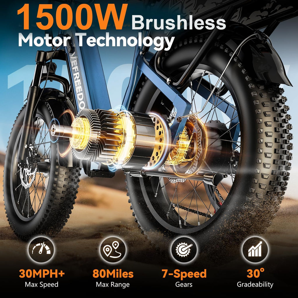 VEFREEDOM 1500W Motor Electric Bike for Adults 80 Miles 30MPH Ebike 20' x 4 Fat Tire 48V 20Ah Removable Battery Mountain E Bike Commuter Front Suspension Bicycles Men Women