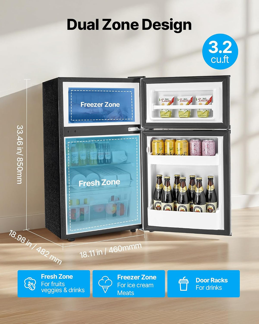 VEVOR Mini Fridge with Freezer, 3.2 Cu.Ft, Dual Zone Compact Refrigerator, 3 Modes Adjustable Temp, Energy Efficient Small Fridge, Reversible Door, Low Noise, for Bedroom, Dorm, Brushed Stainless