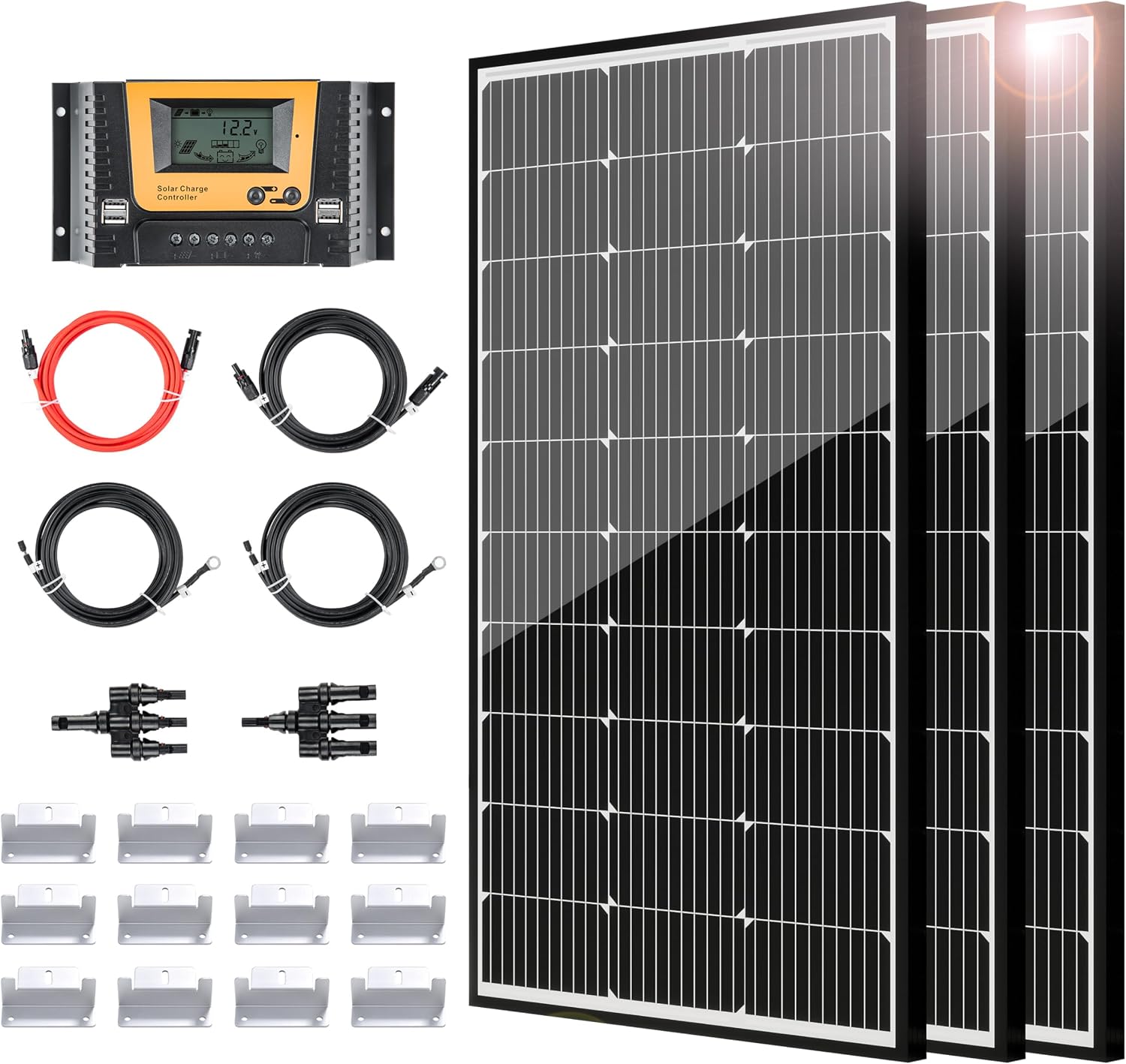 JJN Solar Panel Kit 300 Watt 12 Volt Monocrystalline Solar Panels with 40A PWM Charge Controller 2 Pair Solar Panel Cables 3 Set Z Brackets 4 Way Connector for RV Camper Marine Boat Off Grid System