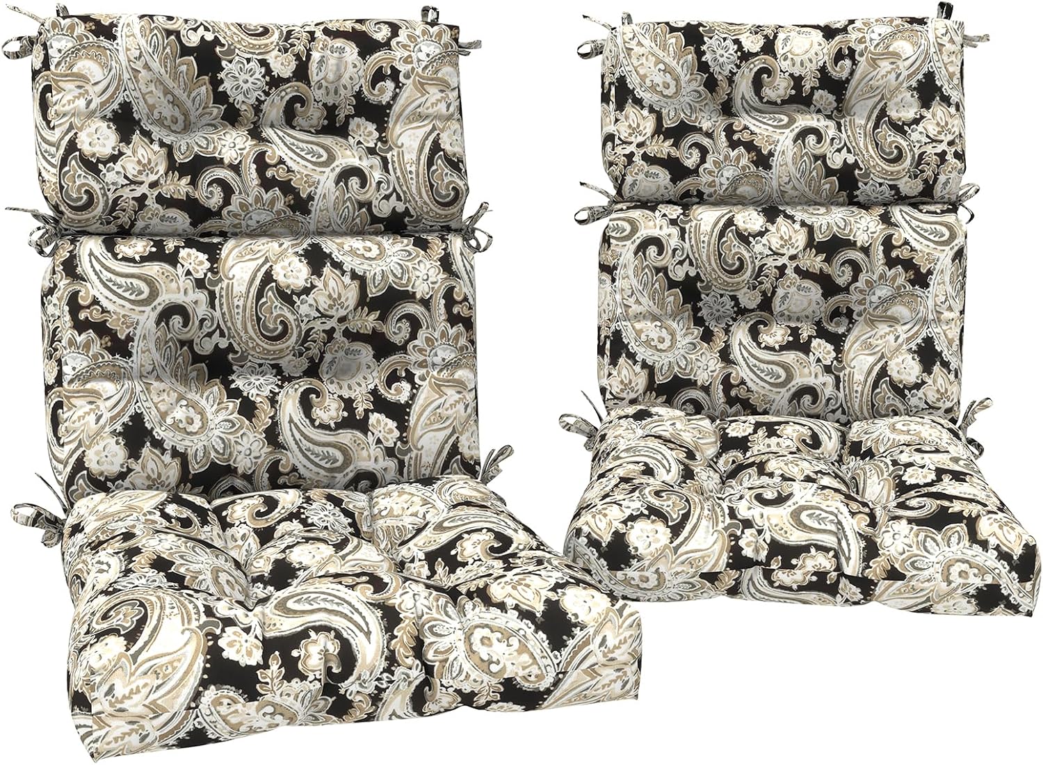 DYTXIII Outdoor High Back Chair Cushions Set of 2, Water Repellent Tufted Rocking Seat Cushions Replacement 44 x 22 Inch, Seat & Back Chair Pads for Patio, Balcony and Indoor Use -Paisley Black