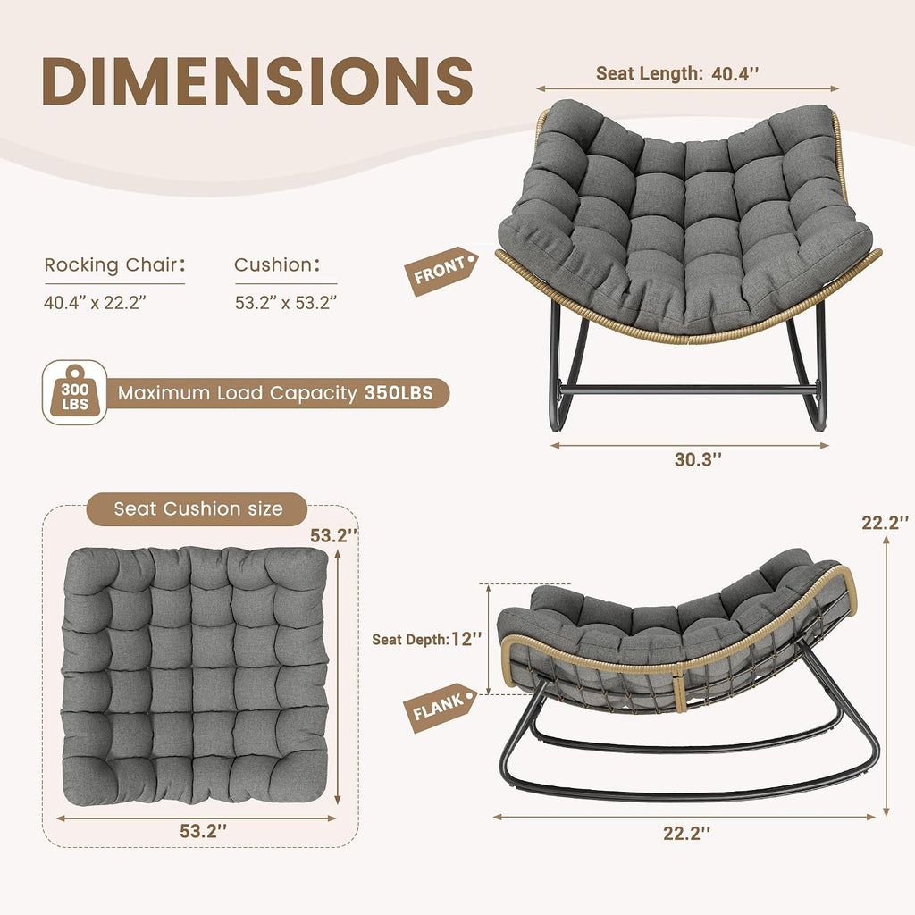 UDPATIO Outdoor Papasan Rocking Chair, Wicker Papasan Lounge Chair with 5.1' Thickened Water-Resistant Cushion & Anti-Slip Bar, for Porch, Balcony, Patio or Indoor, Dark Grey