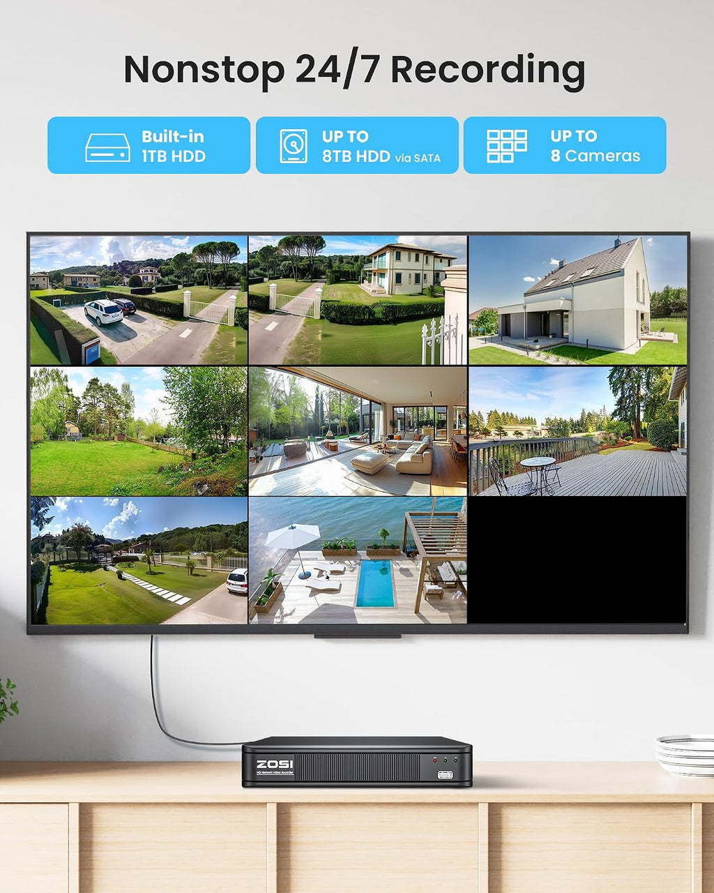 ZOSI 3K Lite Home Surveillance Security Camera System with AI Human Vehicle Detection, 8CH H.265+ CCTV DVR and 8 x 2MP 1920TVL Wired Weatherproof Bullet Cameras Outdoor, 100ft Night Vision (1TB HDD)