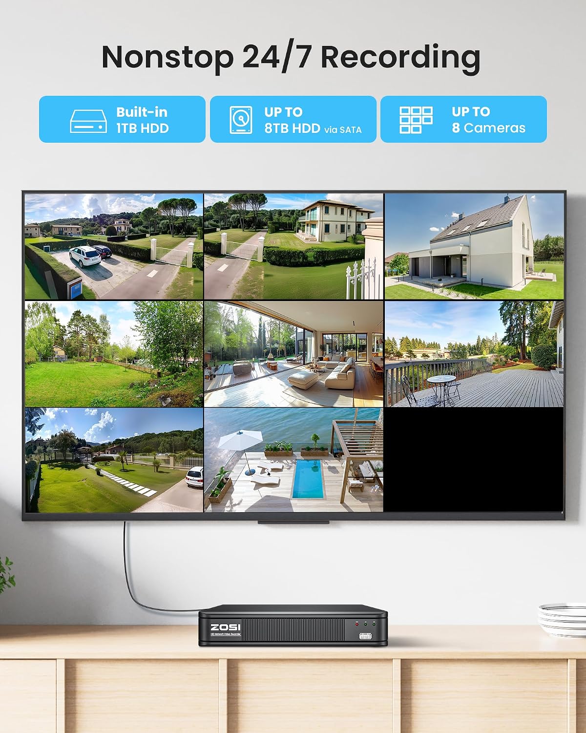 ZOSI 3K Lite Home Surveillance Security Camera System with AI Human Vehicle Detection, 8CH H.265+ CCTV DVR and 8 x 2MP 1920TVL Wired Weatherproof Bullet Cameras Outdoor, 100ft Night Vision (1TB HDD)