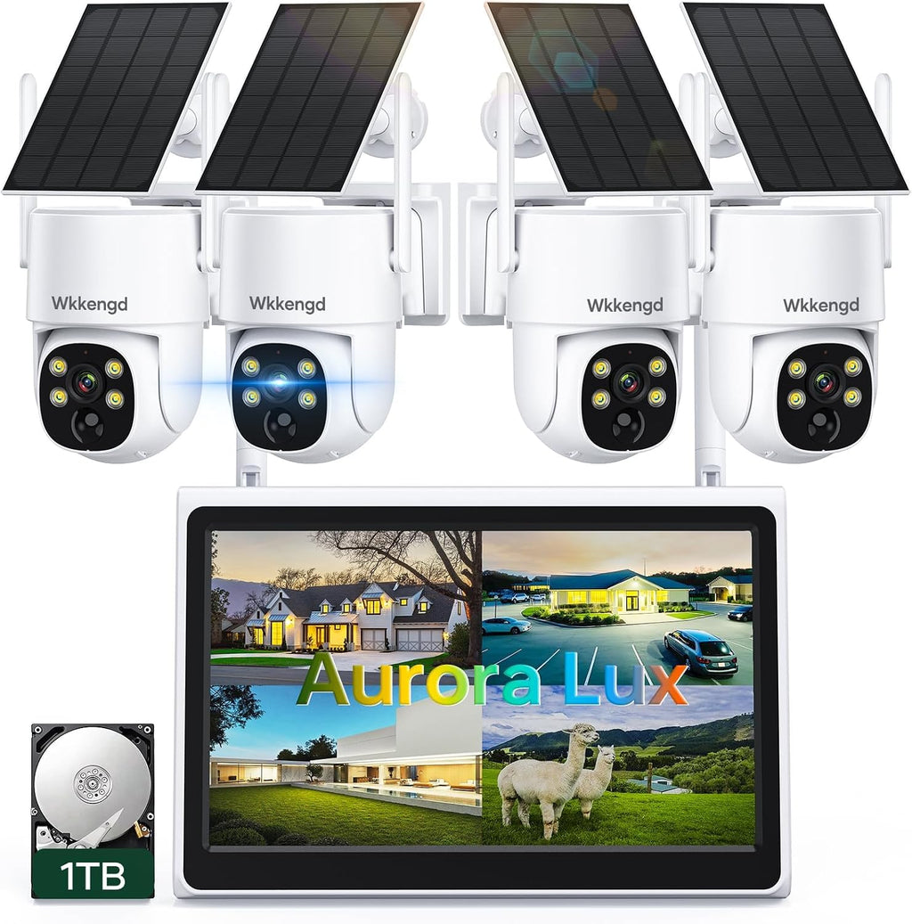 Solar Security Wireless Camera System with 10' Monitor, 2K F1.0 Super Aperture PTZ Battery Powered Cameras for Home Security, Pre-Installed 1TB HDD, Aurora Lux True Full Color Night Vison