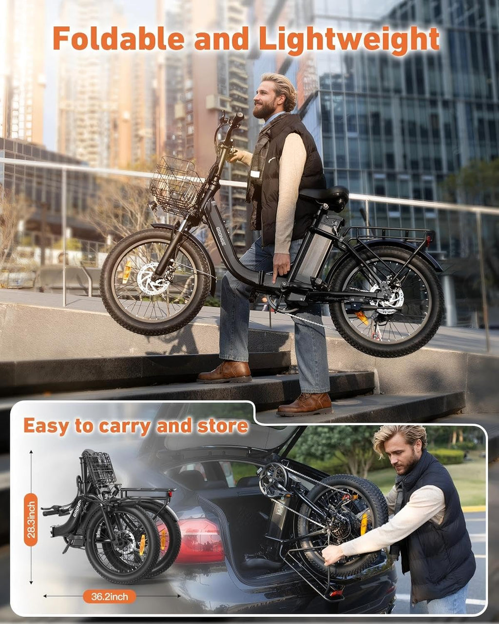 QRONGE Electric Bike, 1000W Peak Folding Electric Bike, 486Wh 70 Miles Range Ebike, Waterproof Removable Battery, 7 Speed, 25 MPH Max, 20' Step-Thru Bicycle with Front Basket