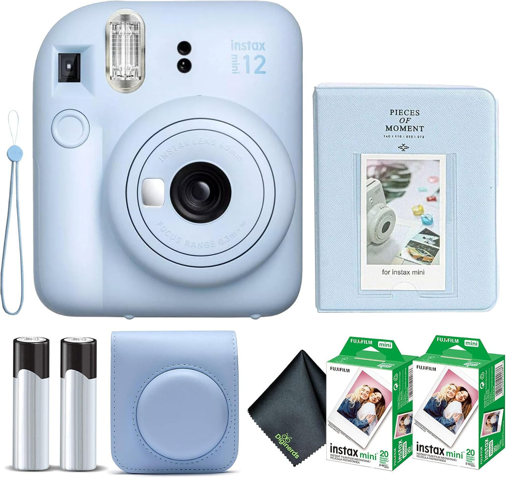 Fujifilm Instax Mini 12 Instant Camera Pastel Blue Bundle with Fuji Instax Mini Film Value Pack (40 Sheets) + Protective Carrying Case + Photo Album + Microfiber Cleaning Cloth