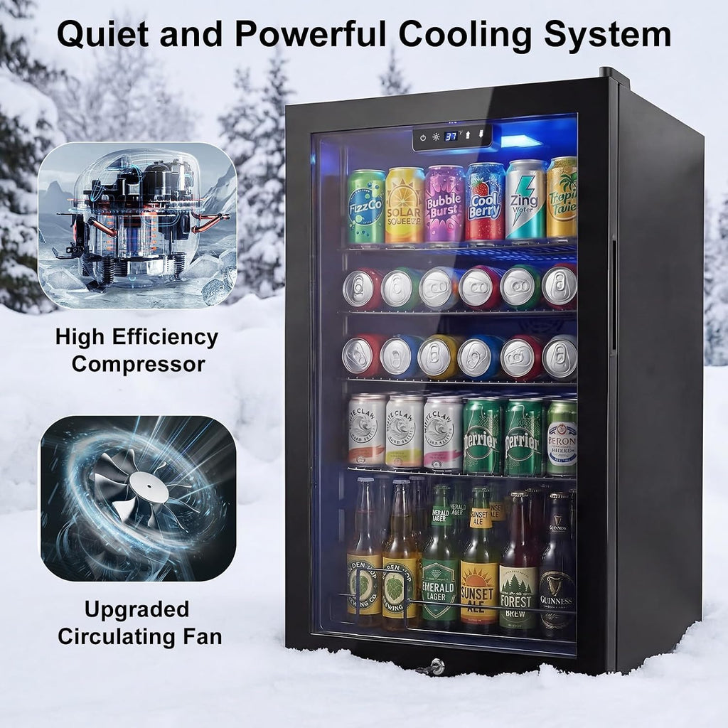 20 Inch Beverage Refrigerator, Mini Fridge with Glass Door for Soda Beer–130 Can Small Fridge for Home Office Bar, 3.4 Cu.Ft Drink Cooler with Reversible Door, Digital Temperature Control,Black