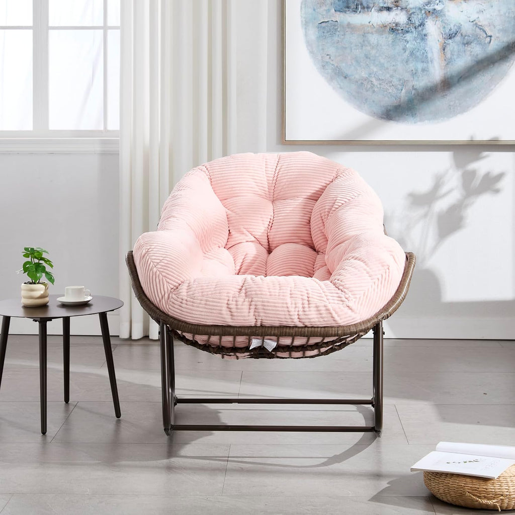 Ball & Cast Outdoor Patio Rocking Chair,Oversized Papasan Egg Chair with E-Coated,Padded Cushion,Recliner Chair for Indoor,Front Porch, Garden, Patio, Backyard,Pink