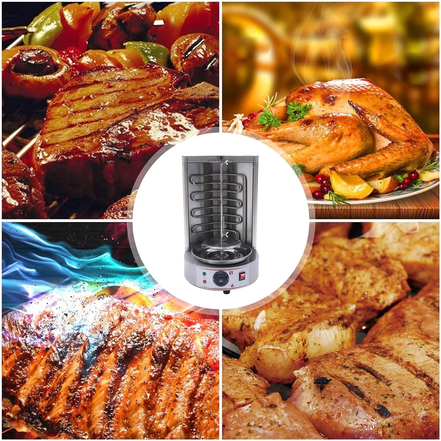 BBQ Meat Machine, Commercial Vertical Rotisserie Rotating Barbecue Oven Shawarma Grill Machine, Electric Automatic Stainless SteelRotating Machine with Temperature Adjustable 50-300℃