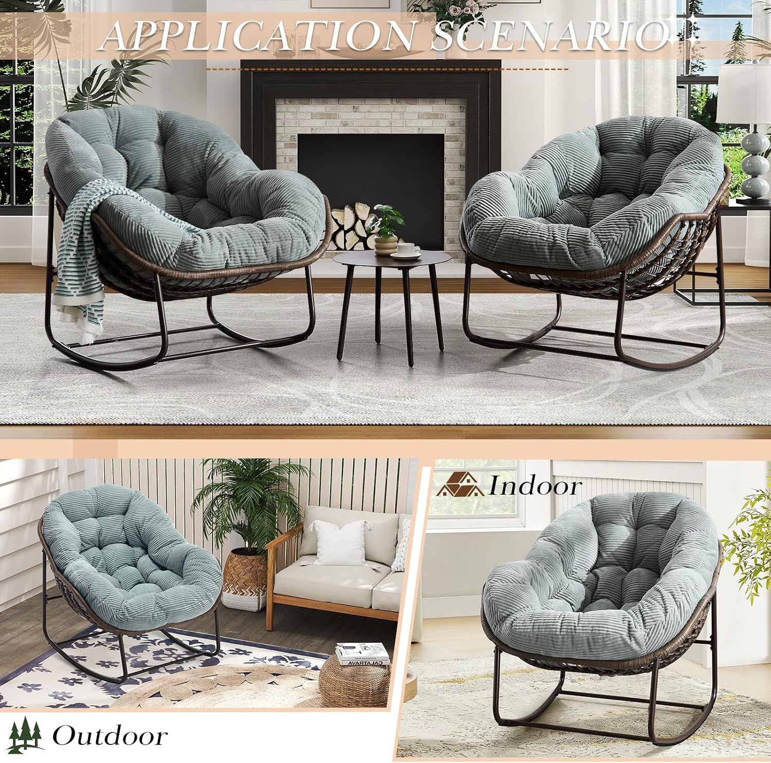 Outdoor Indoor Rocking Chair with Padded Cushion, Oversized Patio Papasan Rocking Egg Chair, All Weather Wicker Egg Rocking Chair, Comfy Large Rattan Rocker Lounge Chair for Front Porch,Garden, Patio