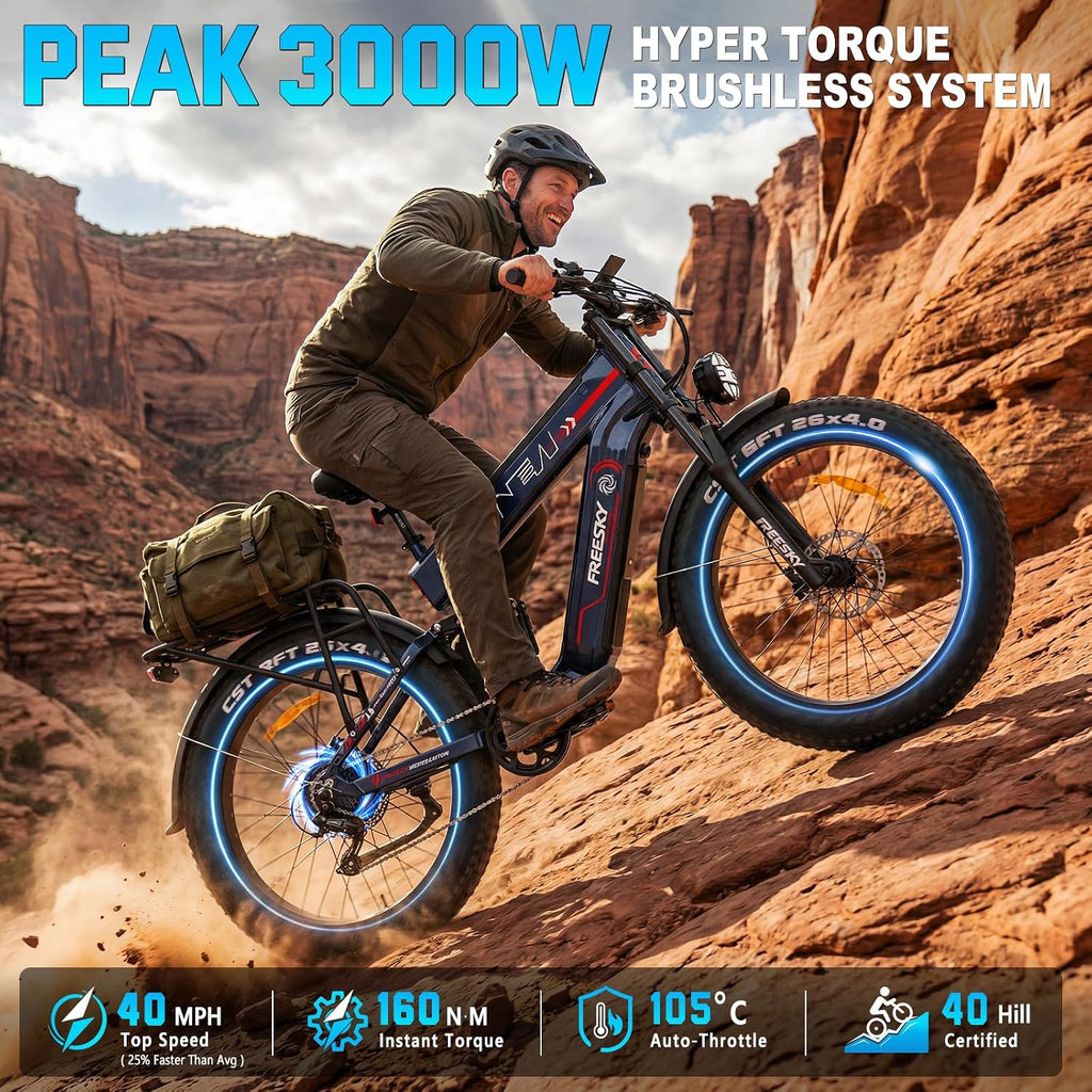 FREESKY Dual Battery Electric Bike for Adults, 48V 45AH 200 Miles Long Range E Bike, 4000W Motor 40MPH+, 26' Fat Tire Fast Mountain EBike, Full Suspension & Hydraulic Brakes, UL 2849 Certified by TÜV
